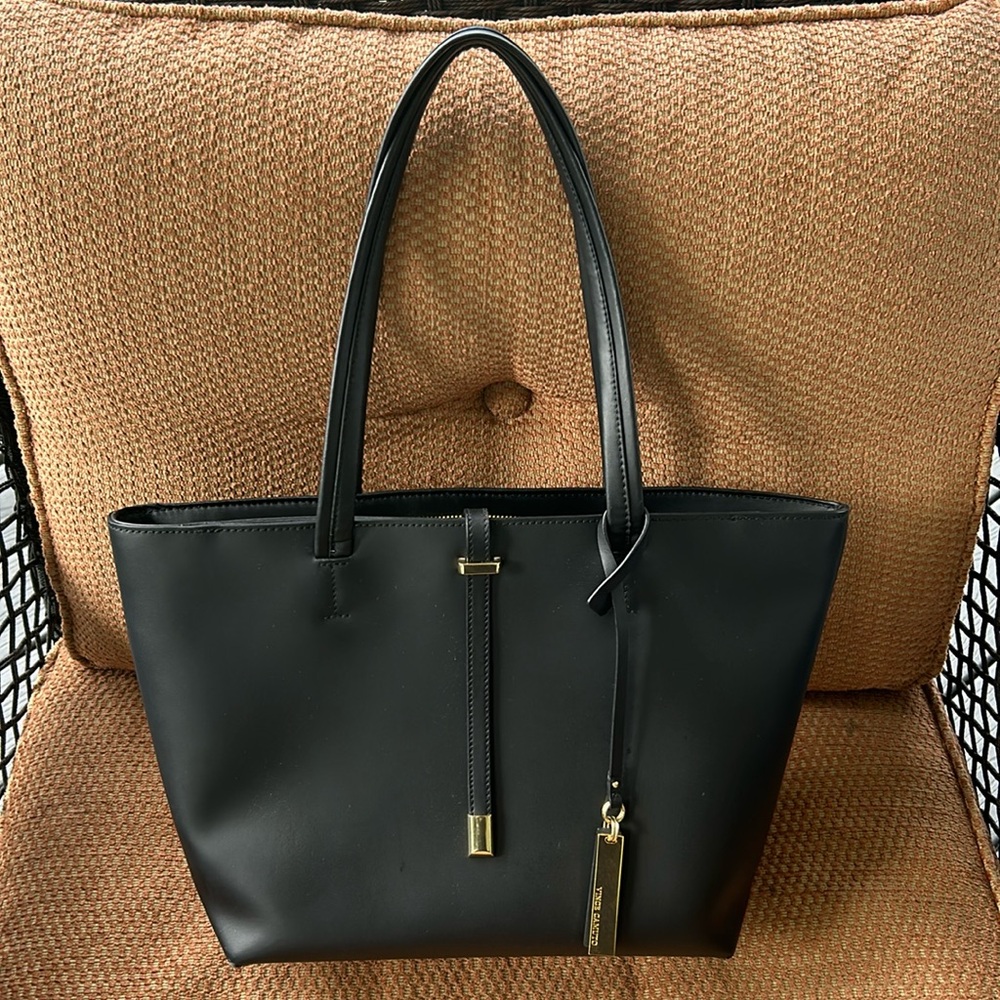 Vince Camuto black leather tote bag w/gold trim